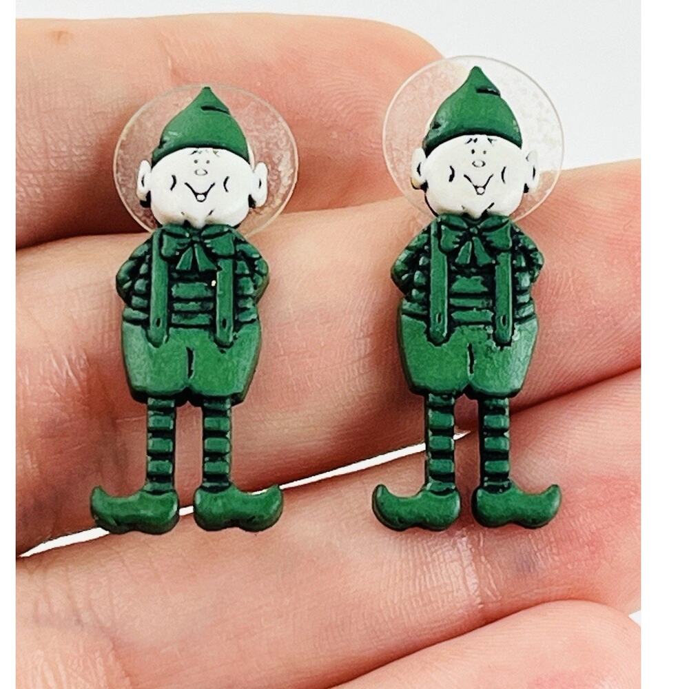 VINTAGE JJ EARRINGS ELF GREEN CHRISTMAS RESIN PVC OVERALLS JONETTE PIERCED STOCK